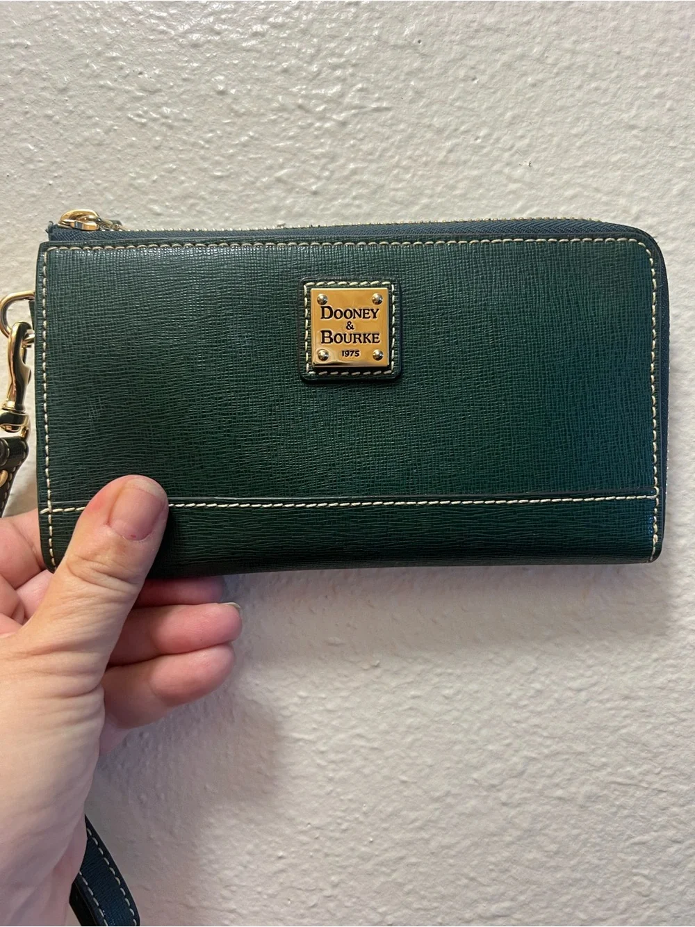 Dooney & Bourke Dark Green Zip Wristlet Wallet with Gold Plaque